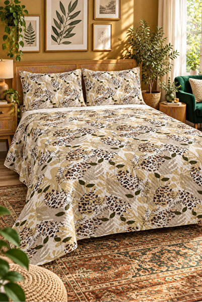 Evmila Beige Leaf Patterned Bedspread 200X220 Double Pique Set