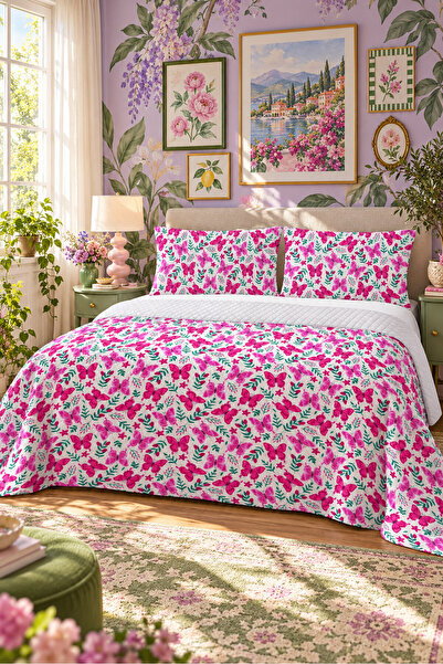 Evmila Cuvertură de pat cu model fluture roz 200x220 Set dublu Pique