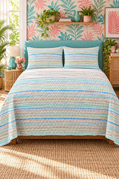 Evmila Turquoise Thin Striped Bedspread 200X220 Double Pique Set