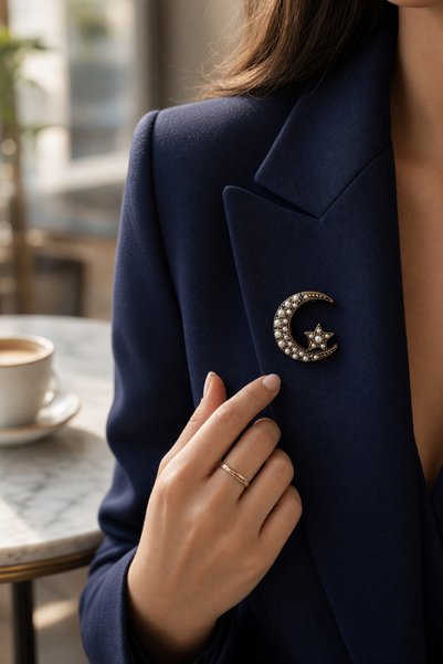 FAYRA ACCESSORIES İnci Hilal Ay Yıldız Broş