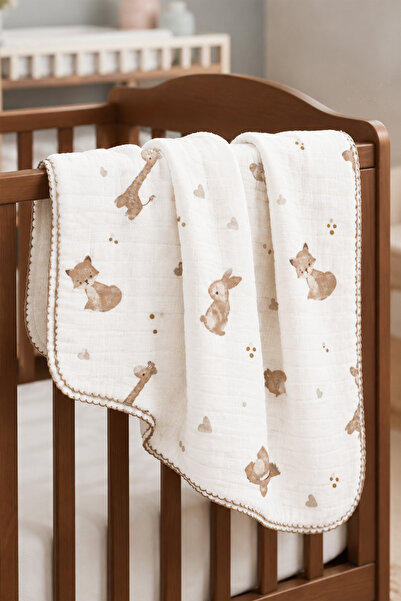 bebegen Unisex Ecru Brown Ribbed Bear Rabbit Patterned Pique Muslin Blanket 1...