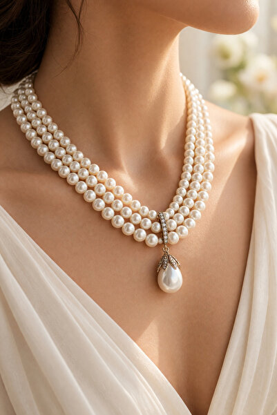 FAYRA ACCESSORIES Zirkon Taşlı İnci Kolye 3 Sıra Tasarım İnci Sallantılı