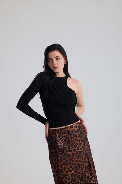 GACA COLLECTION Olinda black draped one-sleeve asymmetric women's bodysuit