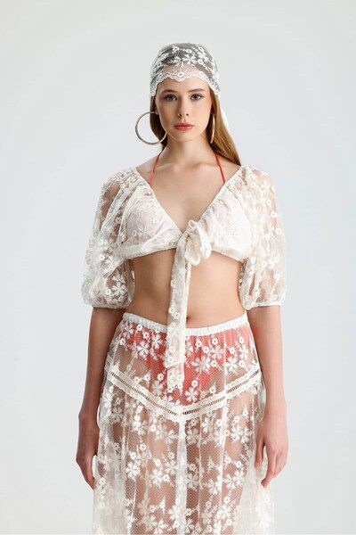 GACA COLLECTION Solis Dantel Crop Önden Bağlamalı Ve Bandana Takım