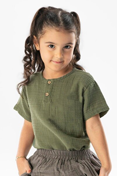 Eliş Şile Bezi Short Sleeve Western Summer Muslin Girls' Tshirt Khaki Hk