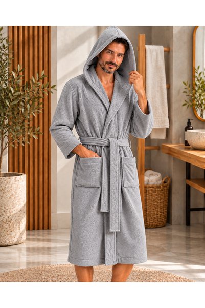 HOME MOD STORE 100% Cotton Hooded Bathrobe Unisex Women Men |   Soft Bathrobe with Belted Pockets.