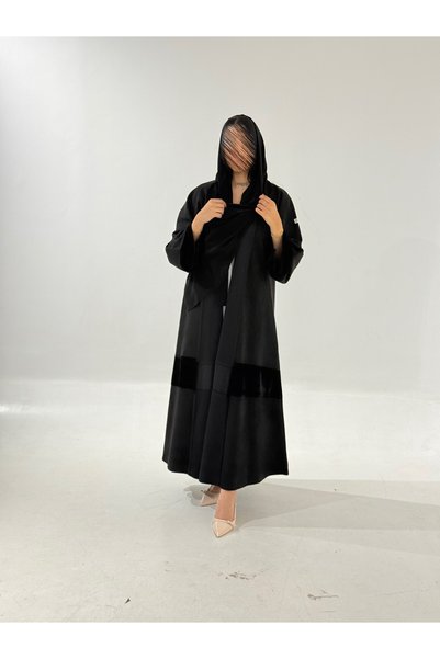 Tori Black Suede Abaya with Velvet Trim