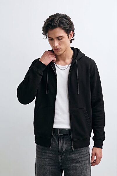 MARKAPIA Swea negru cu fermoar pentru bărbați, cu cu glugă buzunare, tricou