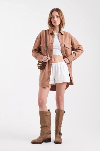 BANNY JEANS Γυναικείο Oversize Τζιν Πουκάμισο Μπεζ Μακρυμάνικο Πουκάμισο με Γ...