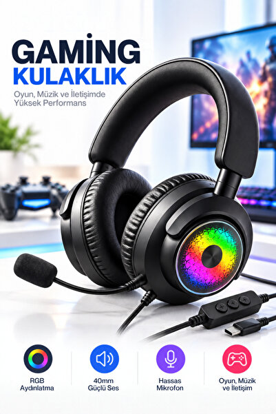 CROW'S TECH Oyuncu Kulaklığı Mikrofonlu RGB LED Işıklı 3.5mm Type-C PC PS Xbo...