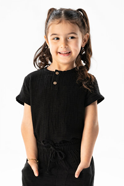 Eliş Şile Bezi Short Sleeve Western Summer Muslin Girls' Tshirt Black Syh