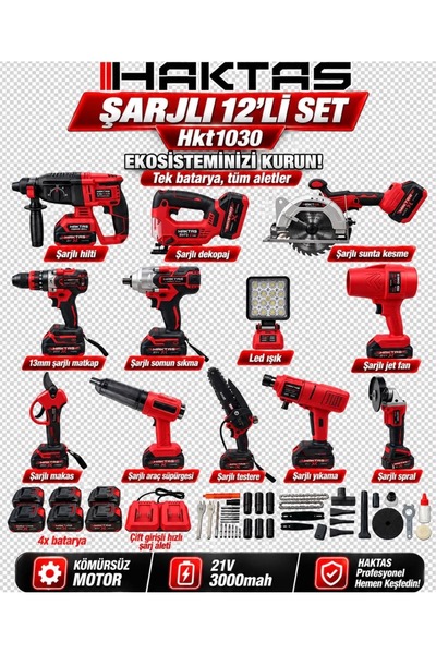 haktaş 21V Akülü 12’li Şarjlı Set 4x 3000mAh Batarya + Çiftli Şarj Cihazı