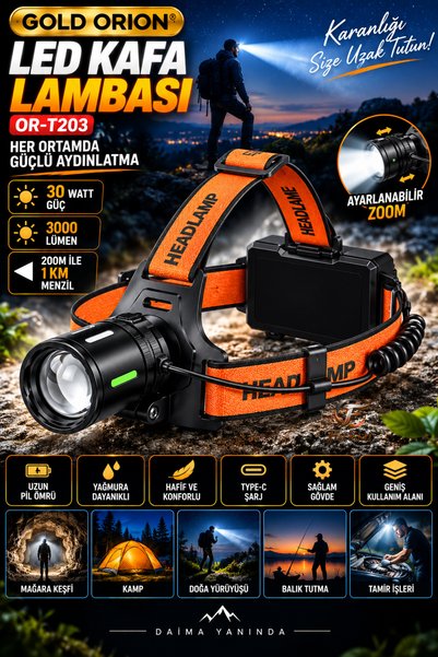 farissu Gold Orion OR-203 30W 3000 Lümen Zoomlu Şarj Edilebilir Profesyonel Kafa Lambası