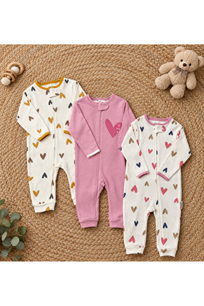 DEFNE LİNA BABY Kız Bebek Kıyafeti Fermuarlı %100 Pamuklu 3lü Mevsimlik Renkl...