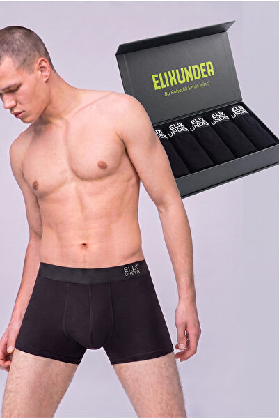 Elixunder Erkek 5'li Siyah Boxer Kutulu Saf Pamuklu Likralı Erkek Boxer - Shi...