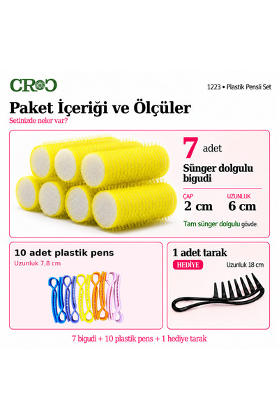 Croc 1223 Sarı 7Li Bigudi Çap:2Cm (+10Lu Plastik Pensli) Cırtlı Saç Bigudisi