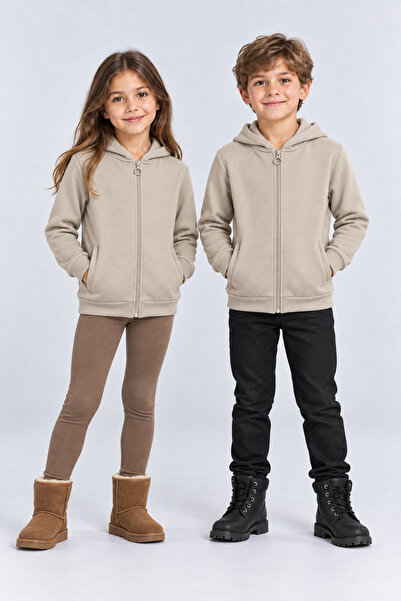 AHENGİM Girls - Boys Basic Zippered Thick 3 Thread Winter School Sweat Ak1815