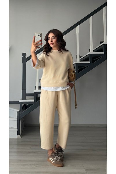 Oslove Beige Contrast T-Shirt Detailed Knitted Set