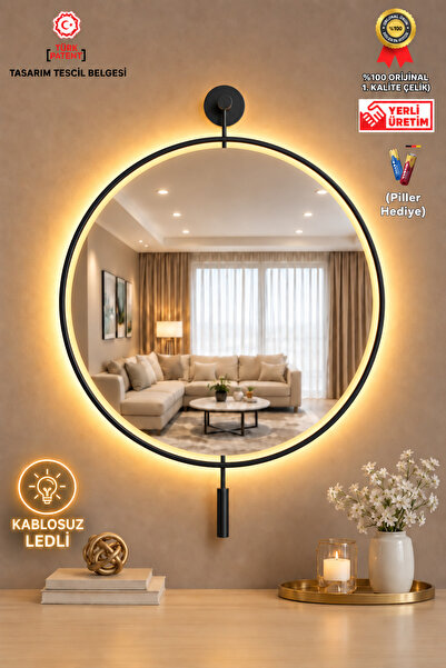 MetaQuartz Aksesuar Metal BÜYÜKBOY Siyah Kablosuz LEDLİ Ayna MASSİVE , (Led I...
