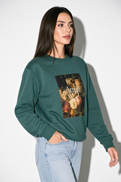 Amia&Co. Women's Green Printed Rose Gold Sweatshirt