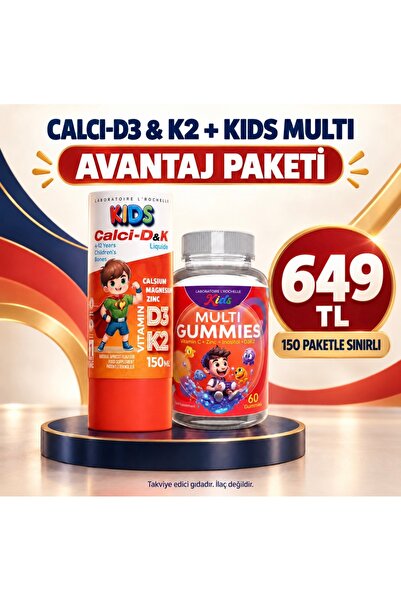 L'rochelle Kids Calci - D3&K2 Liquide 150 ml +Kids Multi 60 Gummy Avantaj Paketi