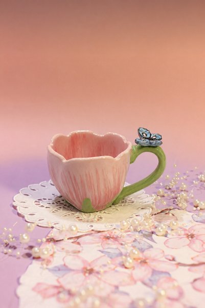 MiaArtStudio El Yapımı Bardak 200 ml, Pembe Gül Görünümlü Bardak, Kelebekli K...
