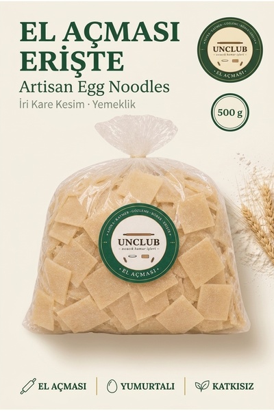 UNCLUB Bol Yumurtalı El Açması Sade Erişte — İri Kare Kesim (Yemeklik) 500 gr...