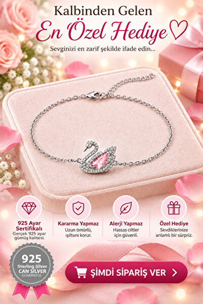 CAN SİLVER 925 Ayar Gümüş Pink Swan Kuğu Kadın Bileklik- Gümüş kuğu bileklik-...