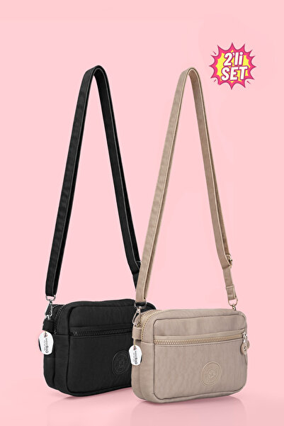 westbag Γυναικεία τσάντα ώμου με φερμουάρ τριών τμημάτων, μαύρο και μπεζ, σετ...