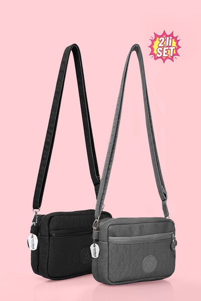 westbag Kadın Çapraz Askılı Üç Gözlü Fermuarlı Krinkıl Günlük Omuz Çantas Siy...