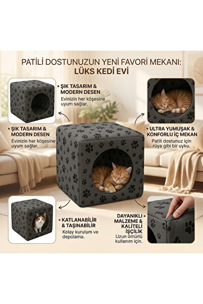 eryatex Kedi Yatağı ve Kedi Evi Fonksiyonlu Pati Desenli Dönüşebilen Kapalı K...