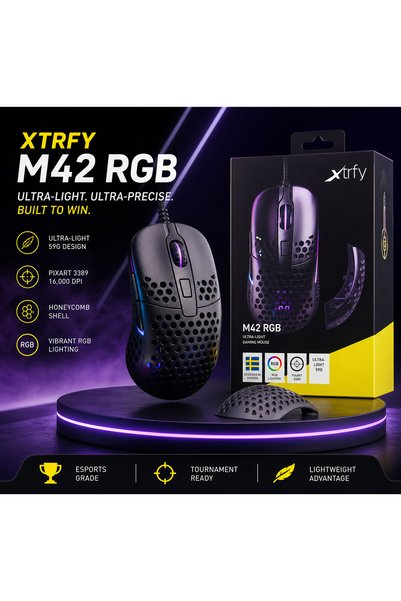 Xtrfy M42 RGB Wired Gaming Mouse -UltraLightweight 59g, changeable part adjustment,(125/500/1000Hz) pollingswitch, Pixart Sensor, Omron 20M Switches, PRO-GRADE COMPONENTS,, 100% PTFE Skates, Black