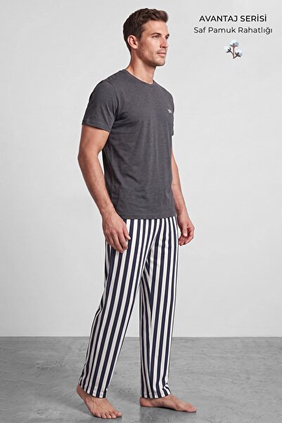 Mısırlı Mısırlı Erkek Pamuk Çizgili Pijama Takım Antrasit