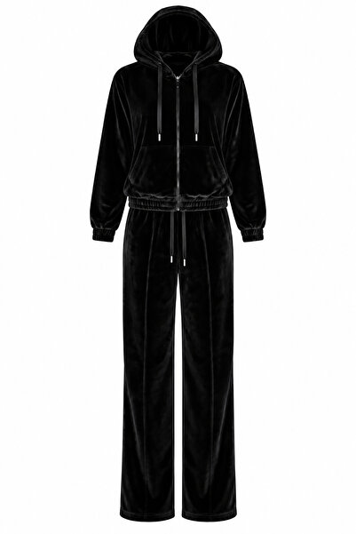 Amia&Co. Siyah Kadife Fermuarlı Oversize Kadın Eşofman Alt Üst Takım