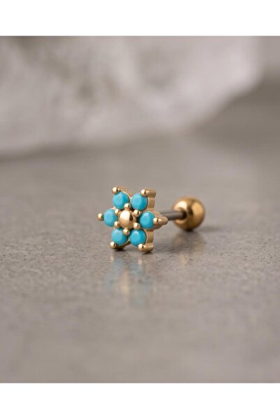 SE Jewellery Gold Mavi Taşlı Çiçek Piercing Küpe Tragus