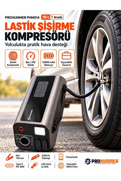 PROHUMMER Lastik Şişirme Kompresörü 12000 mAh ve Akü Takviye Cihazı Süpürgeli...