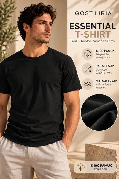 GOST LİRİA Men's Basic Black T-Shirt - 100% Cotton