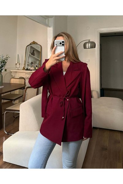 FERZOLAİO Omuz Detaylı Belden Kuşaklı Bordo Blazer Ceket