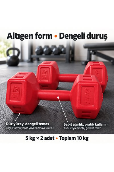 ECG Spor 5 Kg Dambıl Seti 5 Kg X 2 Adet Toplam 10 Kg Ağırlık Seti Kırmızı