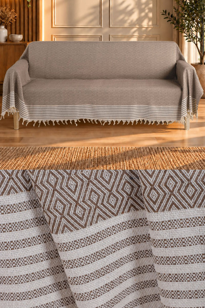 Natural Buldan Işi Kolları Örten Kanepe Çekyat Koltuk Örtüsü 180x300 Büyük Boy Pamuk Dokuma -kahve