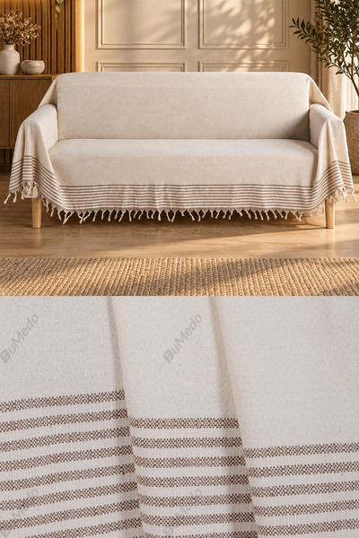 Natural Buldan Işi Kolları Örten Kanepe Çekyat Koltuk Örtüsü 180x300 Büyük Boy Pamuk Dokuma-krem