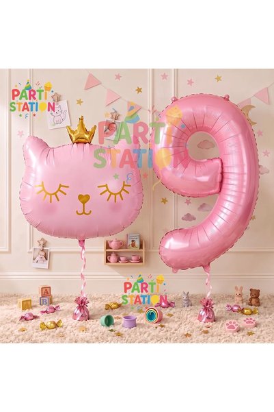 Parti Station Pink Cat Balloon 9th Birthday Balloon Set Pink Cat Theme Balloo...