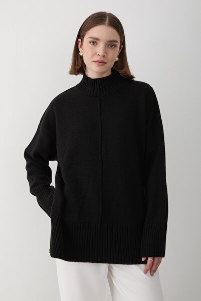 JASTE Kadın Siyah Oversize Balıkçı Yaka Triko Kazak