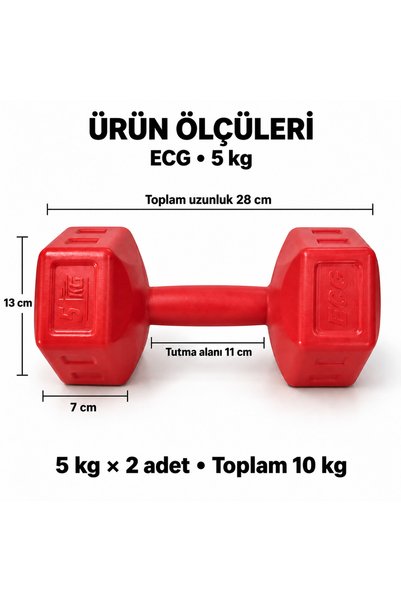ECG Spor 5 Kg Dambıl Seti 5 Kg X 2 Adet Toplam 10 Kg Ağırlık Seti Kırmızı