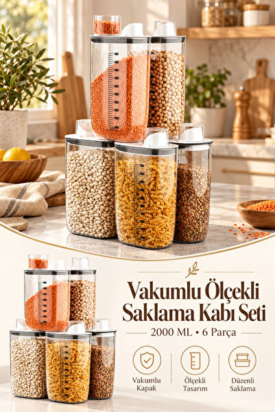 Poomy 6'lı Vakumlu Hava Geçirmez Ölçekli Beyaz Saklama Kabı Seti - 2000 ml Ölçü Kapaklı Bakliyat Kabı Seti