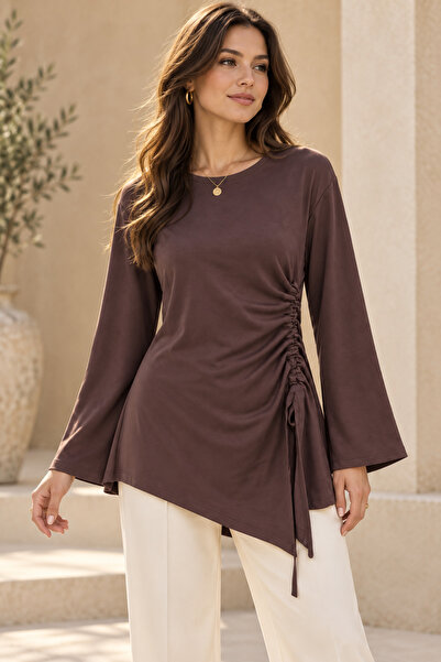 peri tower Women's Modal Fabric Side Gathered Asymmetrical Tunic with Tie Det...