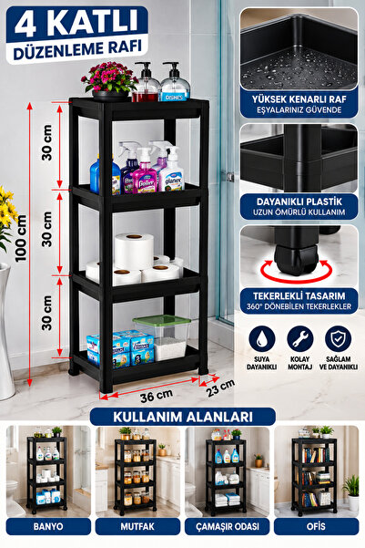 MİMOZA PARK 4 Katlı Banyo Ve Mutfak Raf Ünitesi Siyah Banyo Ve Mutfak Düzenle...
