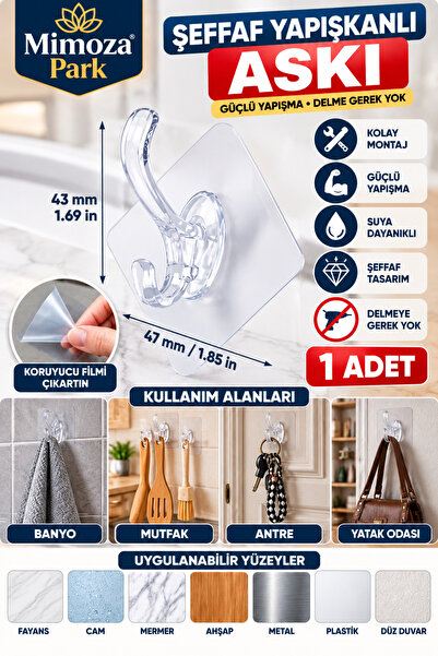 MİMOZA PARK 1 Adet Pratik Güçlü Kendiliğinden Yapışkanlı Askı