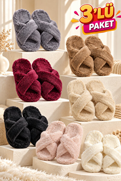 Moda Frato 3-Pack Furry Cross Women's Slippers Home Slippers Soundproof Sole ...