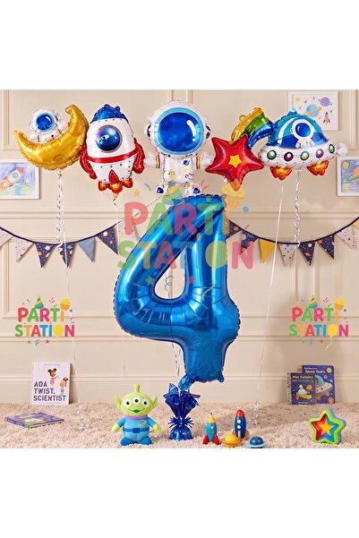Parti Station Navy Blue Color Number Balloon Space Concept 4 Year Old Birthda...